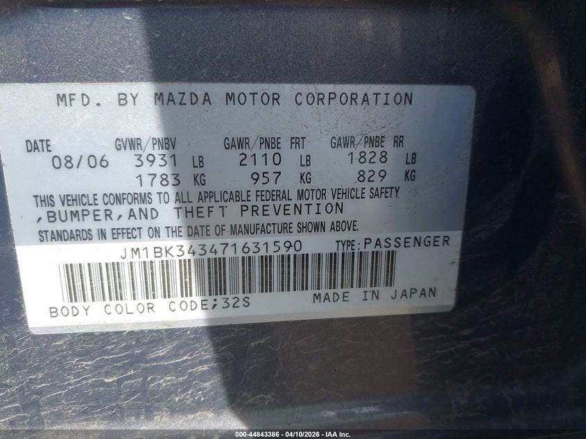 2007 Mazda Mazda3 S Grand Touring VIN: JM1BK343471631590 Lot: 44843386