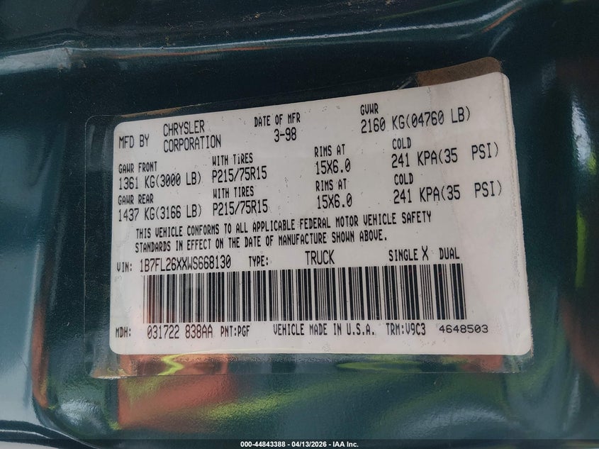 1998 Dodge Dakota Slt/Sport VIN: 1B7FL26XXWS668130 Lot: 44843388