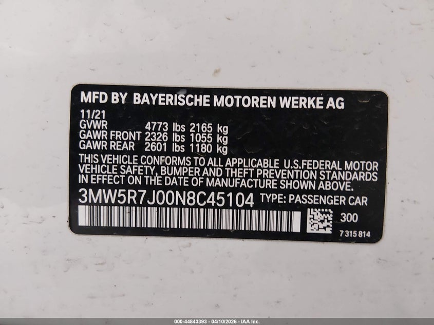 2022 BMW 330I xDrive VIN: 3MW5R7J00N8C45104 Lot: 44843393