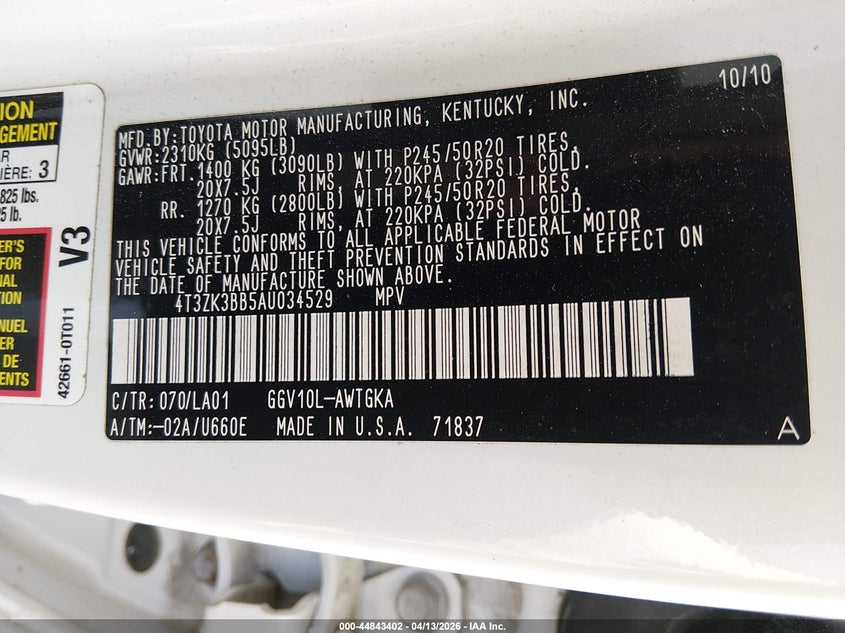 2010 Toyota Venza Base V6 VIN: 4T3ZK3BB5AU034529 Lot: 44843402