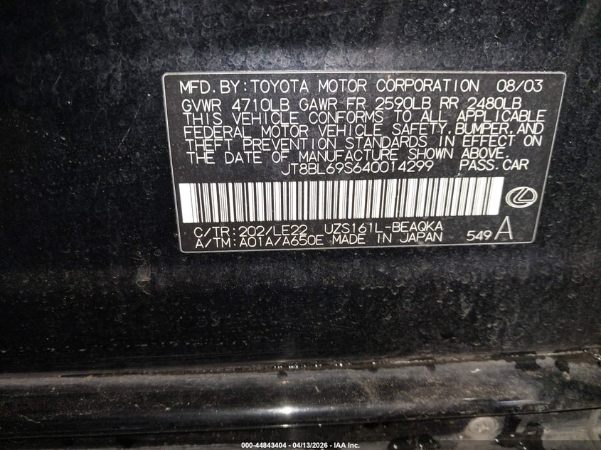 2004 Lexus Gs 430 VIN: JT8BL69S640014299 Lot: 44843404