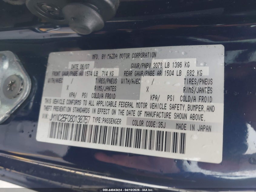 2008 Mazda Mx-5 Grand Touring VIN: JM1NC25F080138767 Lot: 44843414