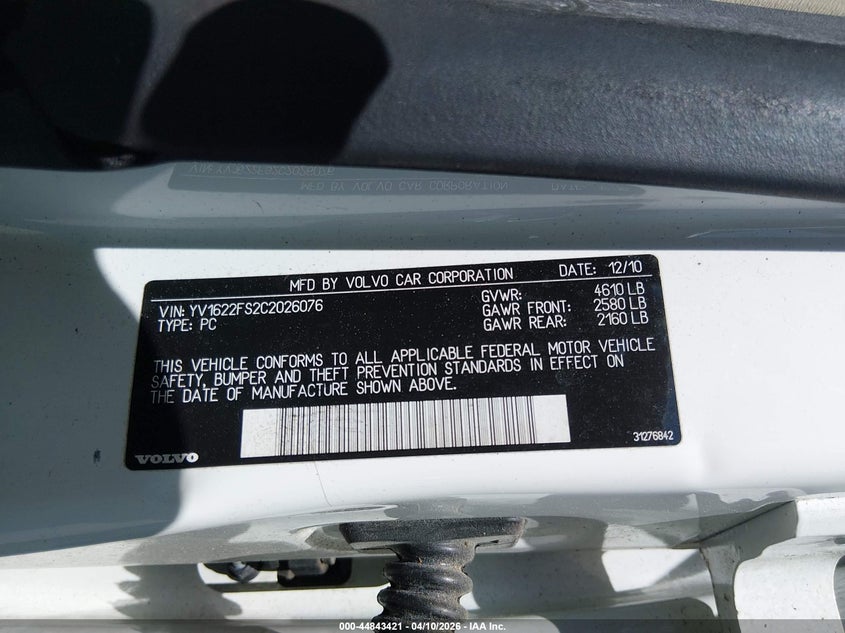 2012 Volvo S60 T5 VIN: YV1622FS2C2026076 Lot: 44843421