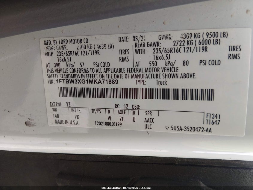 2021 Ford 3.5 Transit-350 Cargo Van white Lot 111044843462 Vin 1FTBW3XG1MKA71889