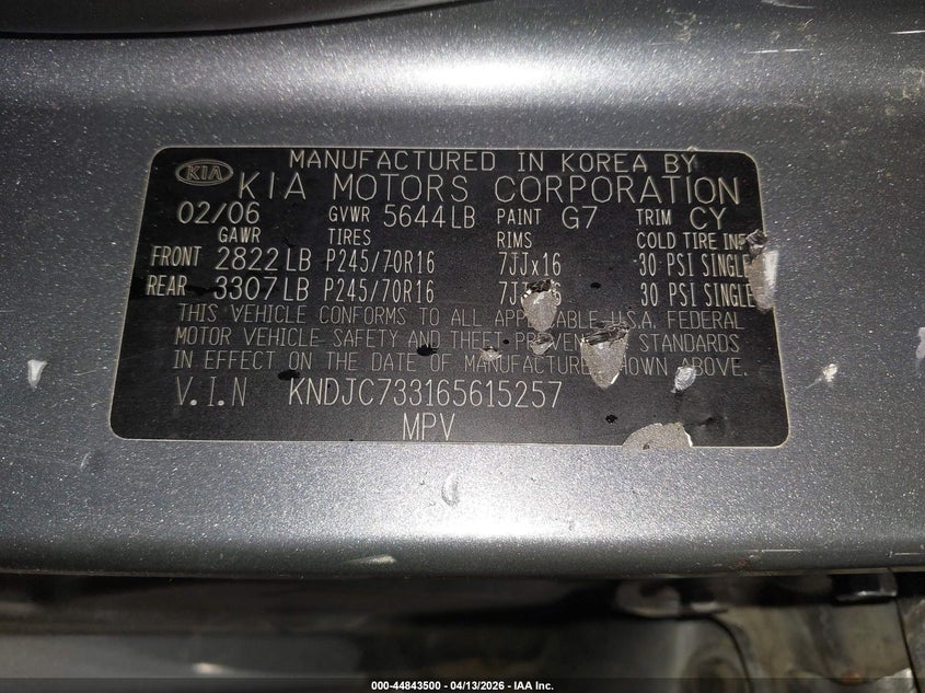 2006 Kia Sorento Ex/Lx VIN: KNDJC733165615257 Lot: 44843500