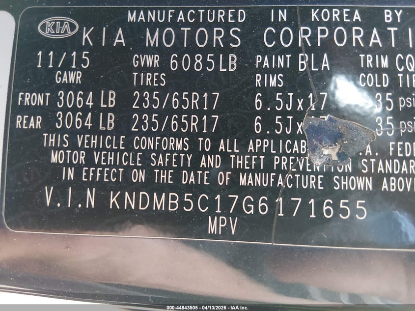 2016 Kia Sedona Lx VIN: KNDMB5C17G6171655 Lot: 44843505