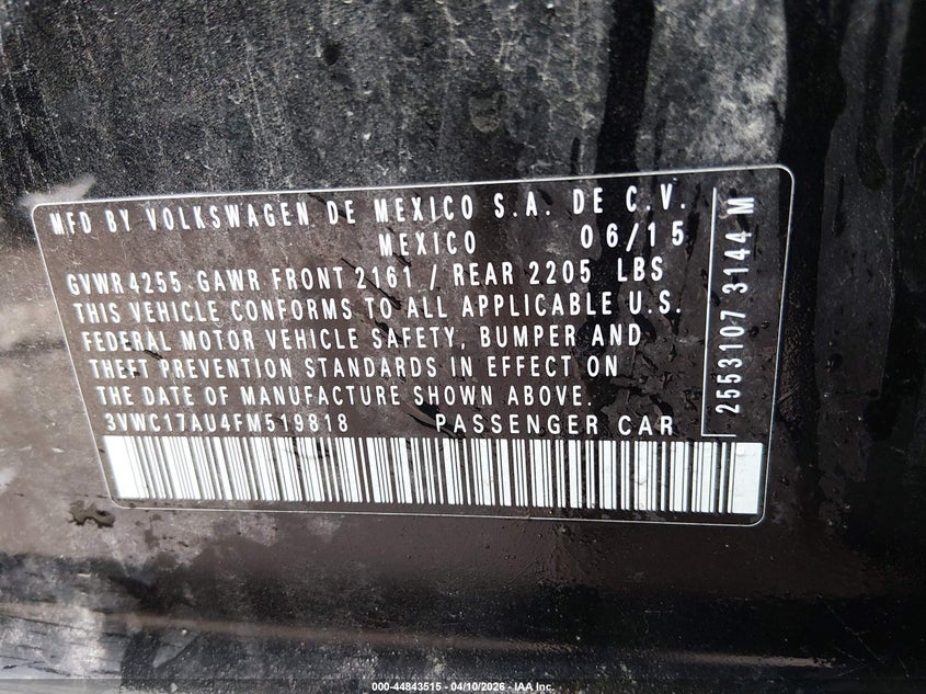 2015 Volkswagen Golf Sportwagen Tsi S 4-Door VIN: 3VWC17AU4FM519818 Lot: 44843515