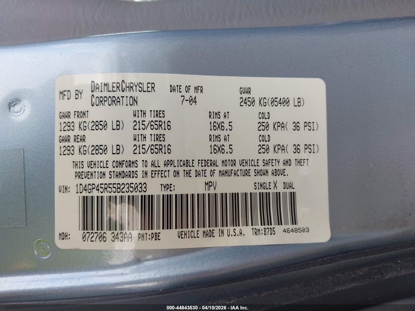 2005 Dodge Caravan Sxt VIN: 1D4GP45R55B235033 Lot: 44843530