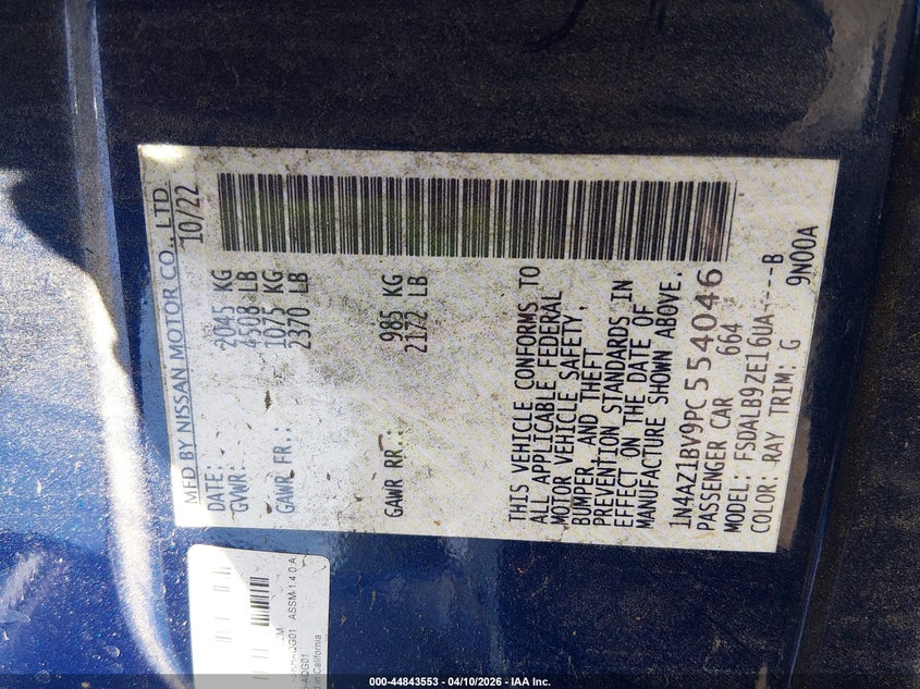 2023 Nissan Leaf S 40 Kwh VIN: 1N4AZ1BV9PC554046 Lot: 44843553