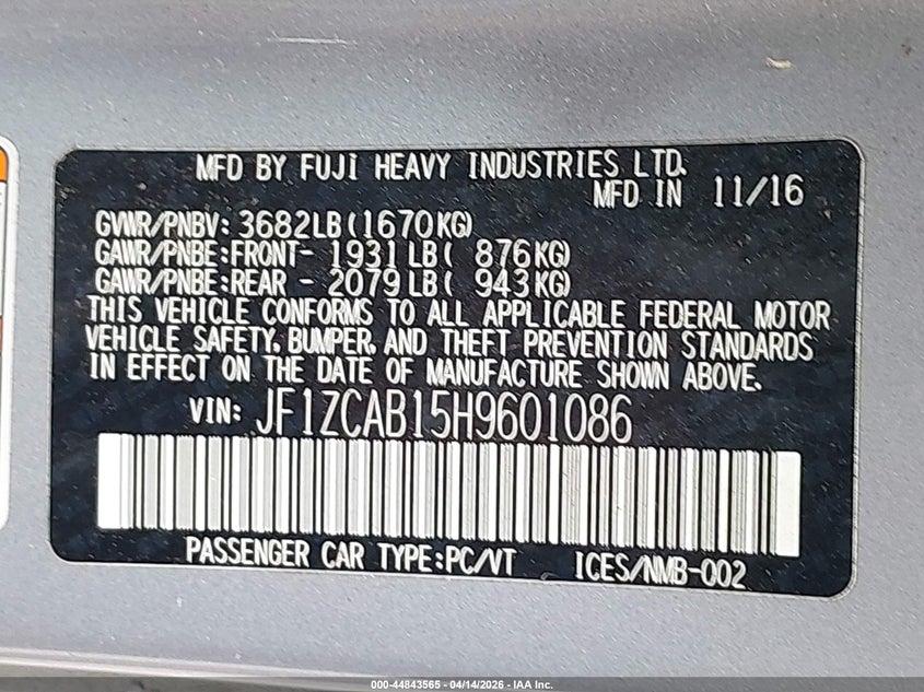 2017 Subaru Brz Premium VIN: JF1ZCAB15H9601086 Lot: 44843565