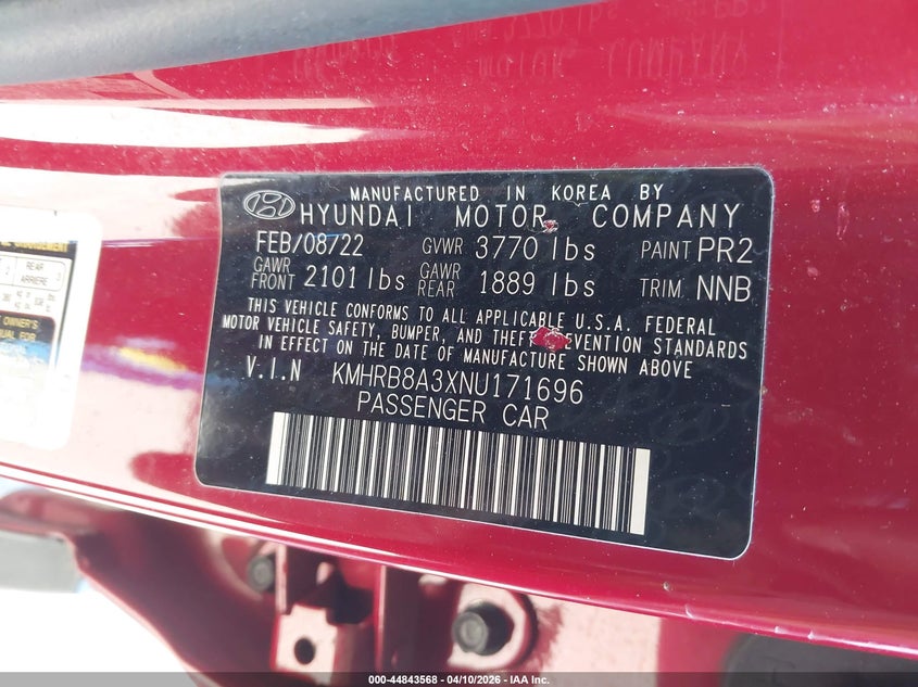 2022 Hyundai Venue Se VIN: KMHRB8A3XNU171696 Lot: 44843568