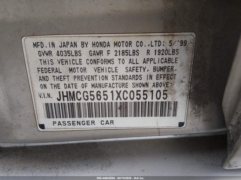 1999 Honda Accord Ex VIN: JHMCG5651XC055105 Lot: 44843594
