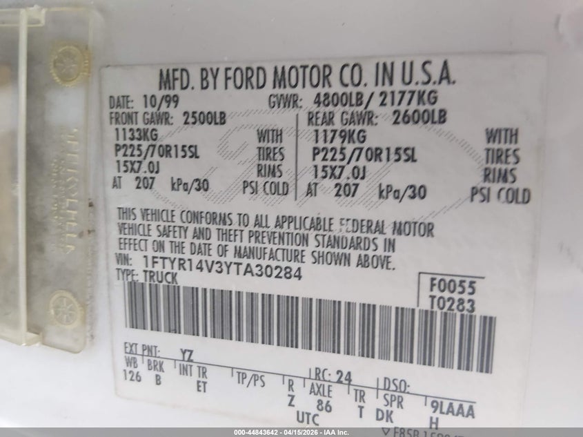 2000 Ford Ranger Xl/Xlt VIN: 1FTYR14V3YTA30284 Lot: 44843642