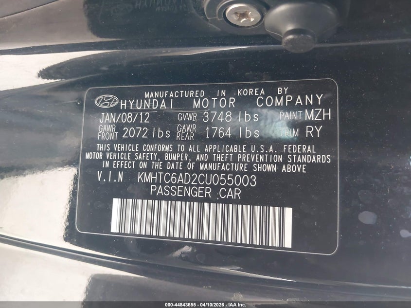 2012 Hyundai Veloster Base W/Gray VIN: KMHTC6AD2CU055003 Lot: 44843655