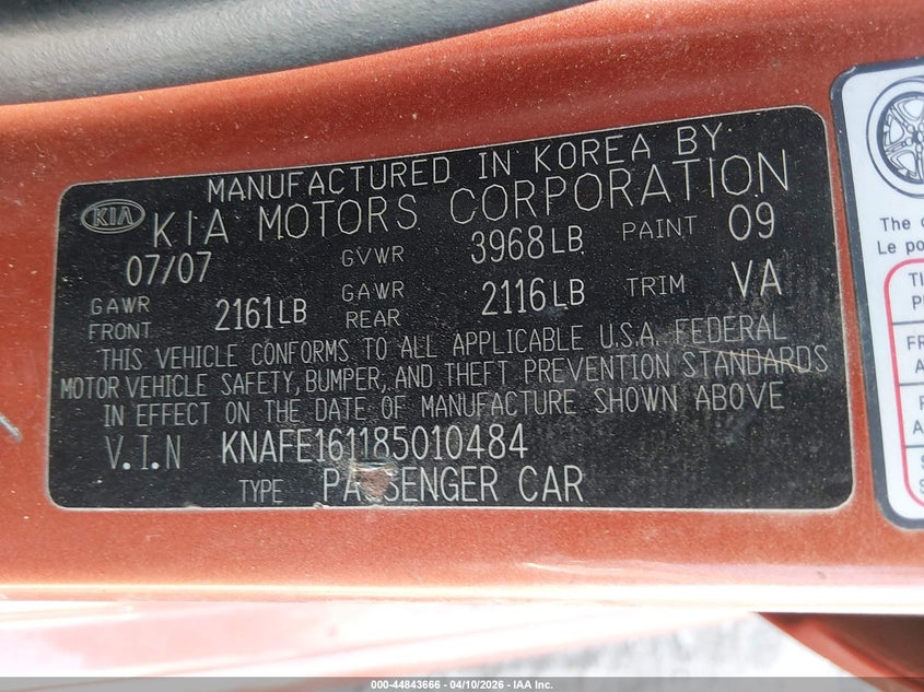 2008 Kia Spectra5 Sx VIN: KNAFE161185010484 Lot: 44843666