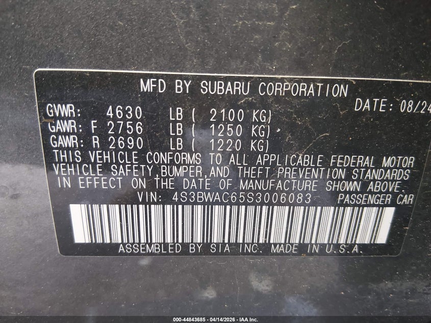 2025 Subaru Legacy Premium VIN: 4S3BWAC65S3006083 Lot: 44843685