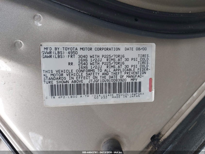 2001 Lexus Rx 300 VIN: JTJGF10U910083920 Lot: 44843761