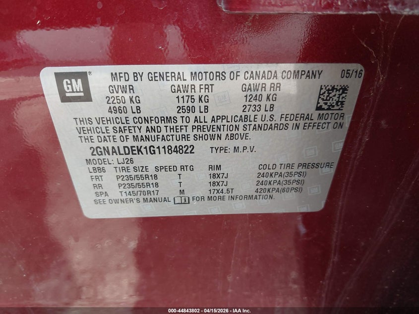 2016 Chevrolet Equinox Ltz VIN: 2GNALDEK1G1184822 Lot: 44843802