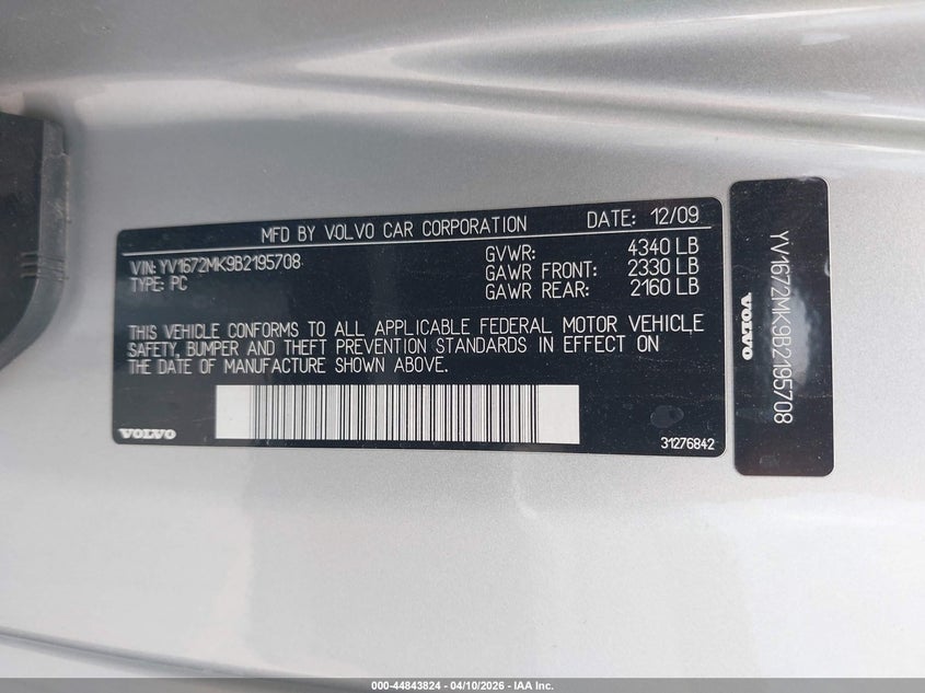 2011 Volvo C30 T5/T5 R-Design VIN: YV1672MK9B2195708 Lot: 44843824