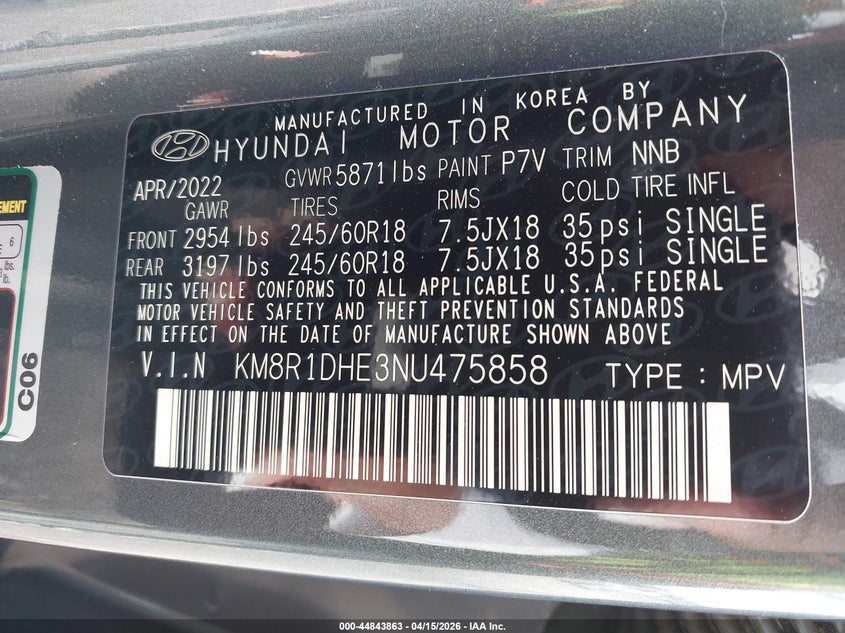 2022 Hyundai Palisade Se VIN: KM8R1DHE3NU475858 Lot: 44843863