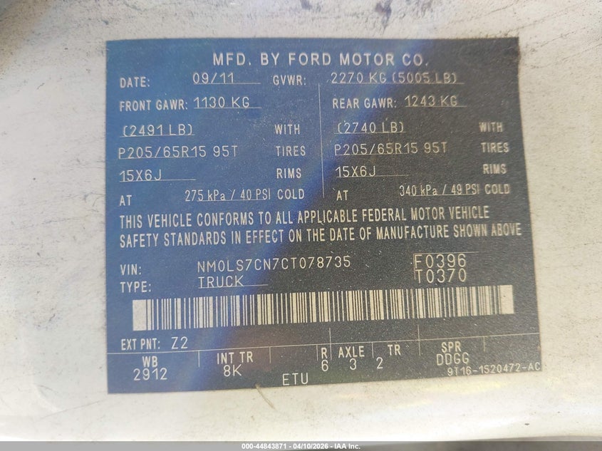 2012 Ford Transit Connect Xl VIN: NM0LS7CN7CT078735 Lot: 44843871