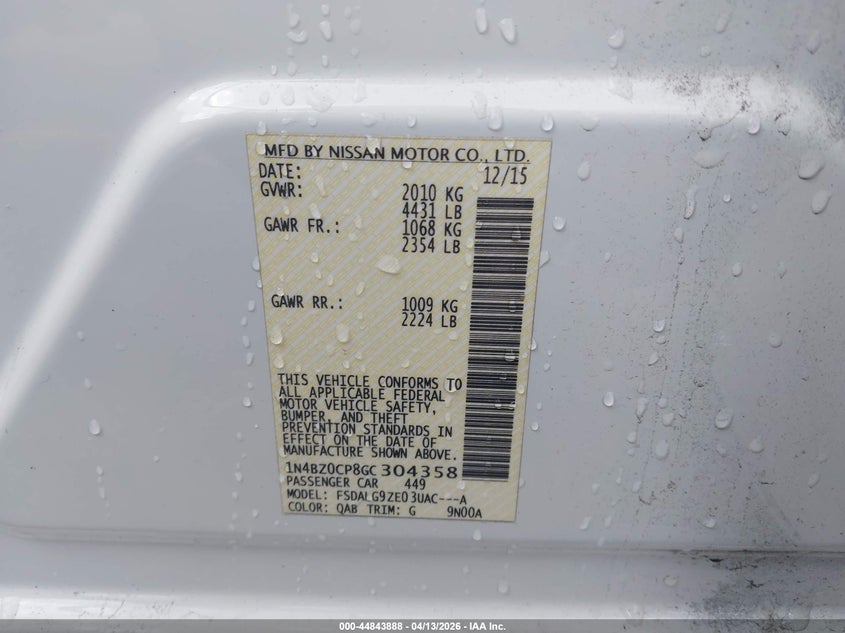 2016 Nissan Leaf Sl VIN: 1N4BZ0CP8GC304358 Lot: 44843888