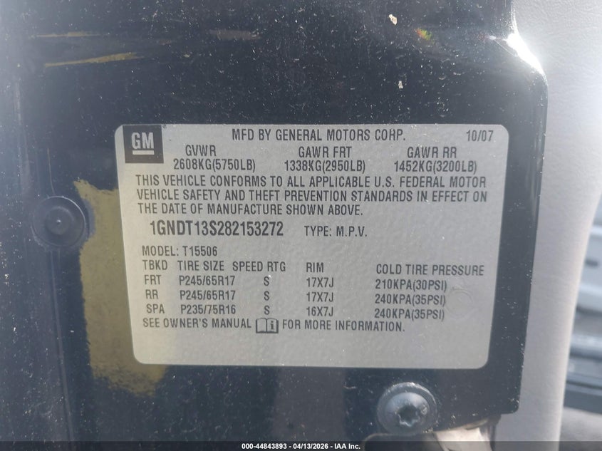 2008 Chevrolet Trailblazer Fleet VIN: 1GNDT13S282153272 Lot: 44843893