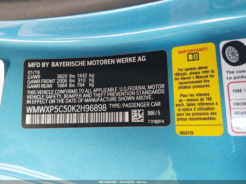 2019 Mini Hardtop Cooper VIN: WMWXP5C50K2H96898 Lot: 44843907
