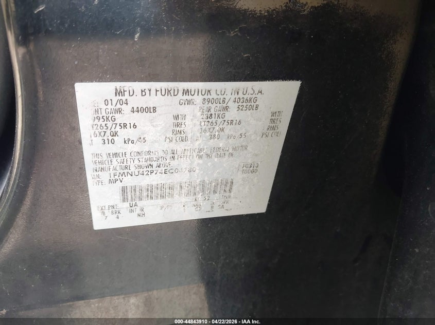 2004 Ford Excursion Limited VIN: 1FMNU42P74EC04780 Lot: 44843910