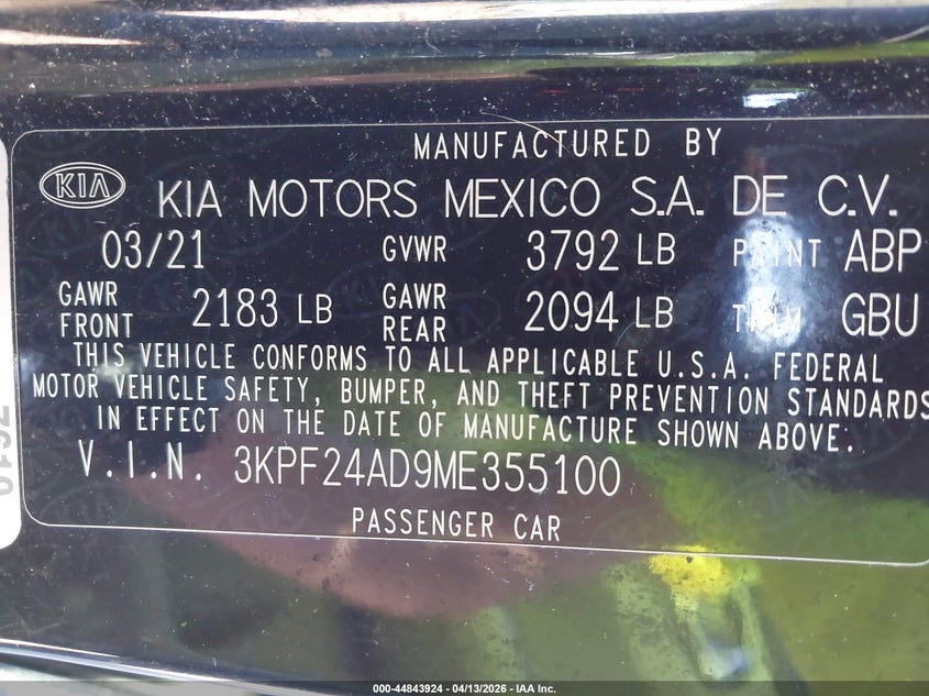 2021 Kia Forte Lxs VIN: 3KPF24AD9ME355100 Lot: 44843924