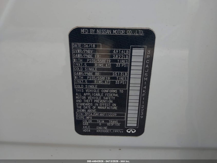 2019 Infiniti Qx50 Luxe VIN: 3PCAJ5M14KF112239 Lot: 44843926