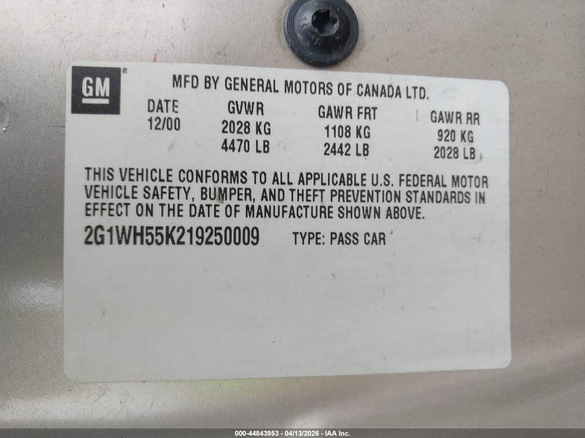 2001 Chevrolet Impala Ls VIN: 2G1WH55K219250009 Lot: 44843953