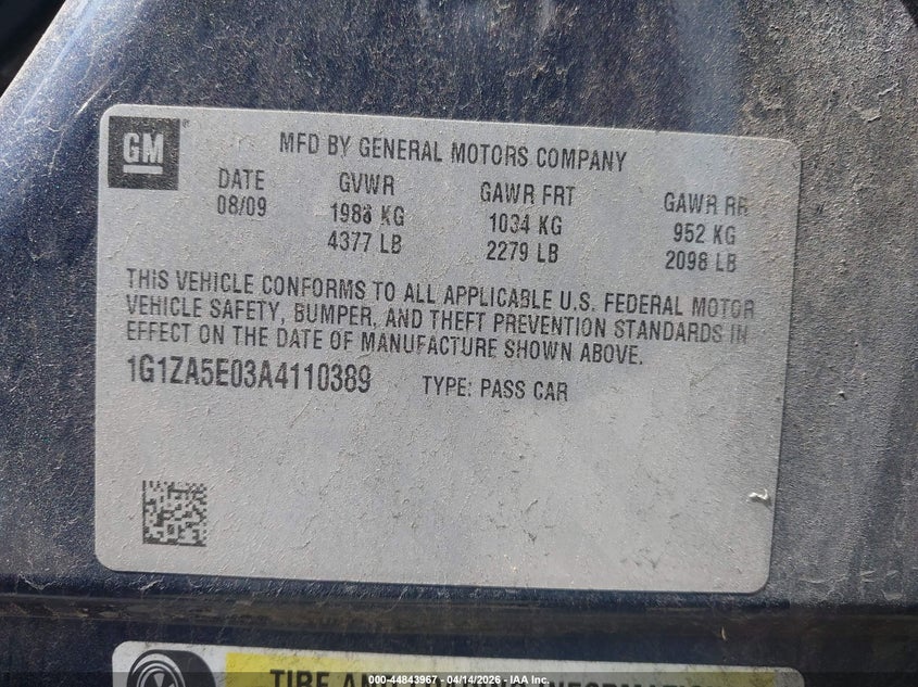 2010 Chevrolet Malibu Ls VIN: 1G1ZA5E03A4110389 Lot: 44843967