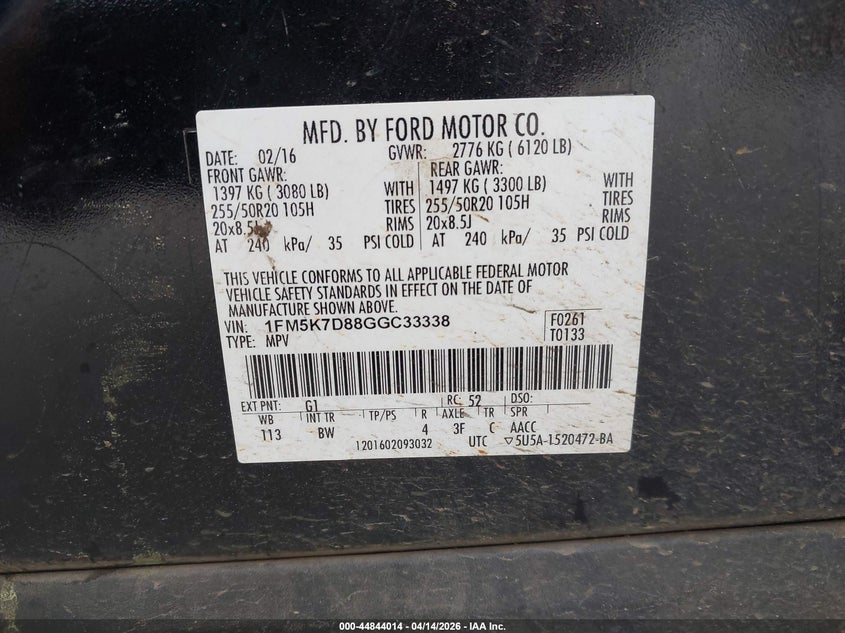 2016 Ford Explorer 3.5 Xlt black Lot 111044844014 Vin 1FM5K7D88GGC33338