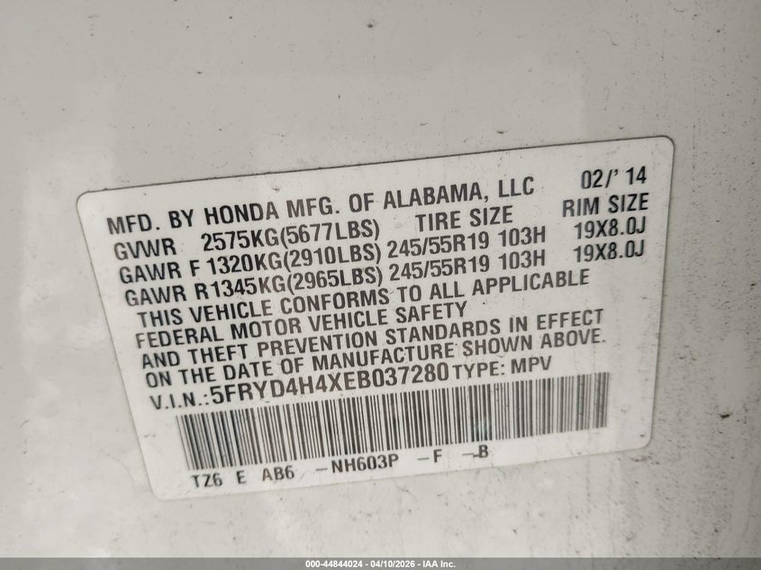2014 Acura Mdx Technology Package VIN: 5FRYD4H4XEB037280 Lot: 44844024
