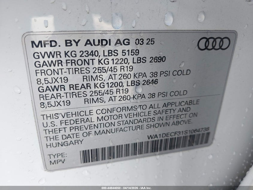 2025 Audi Q3 Premium 45 Tfsi S Line Quattro Tiptronic VIN: WA1DECF31S1064738 Lot: 44844050