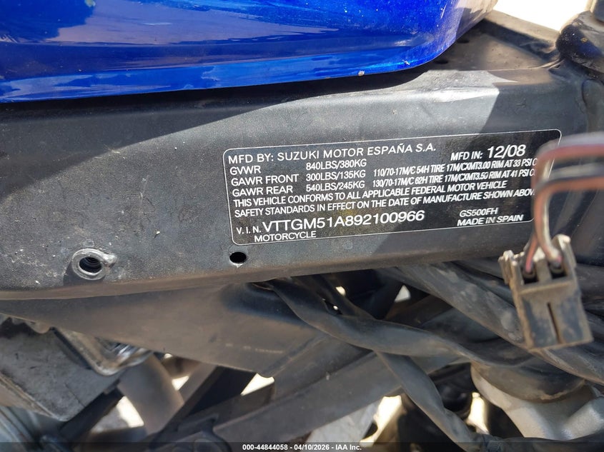 2009 Suzuki Gs500 VIN: VTTGM51A892100966 Lot: 44844058