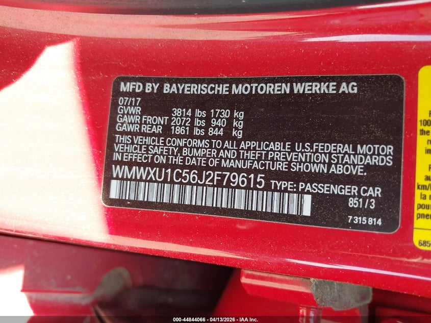 2018 Mini Hardtop Cooper VIN: WMWXU1C56J2F79615 Lot: 44844066