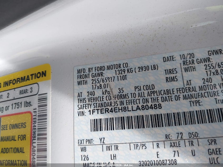 2020 Ford Ranger Xl VIN: 1FTER4EH8LLA80488 Lot: 44844067