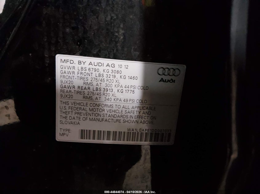 2013 Audi Q7 3.0T Premium VIN: WA1LGAFE1DD007033 Lot: 44844074