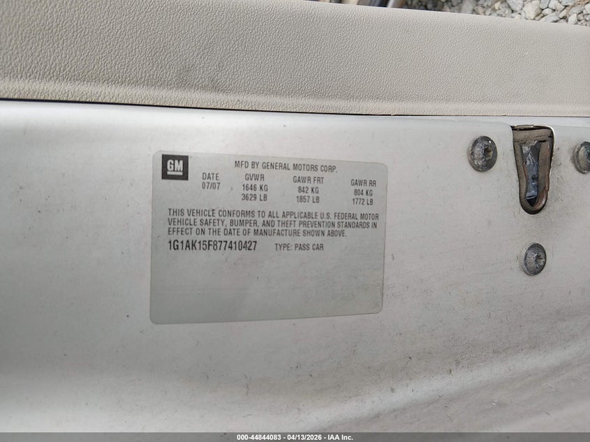 2007 Chevrolet Cobalt Ls VIN: 1G1AK15F877410427 Lot: 44844083