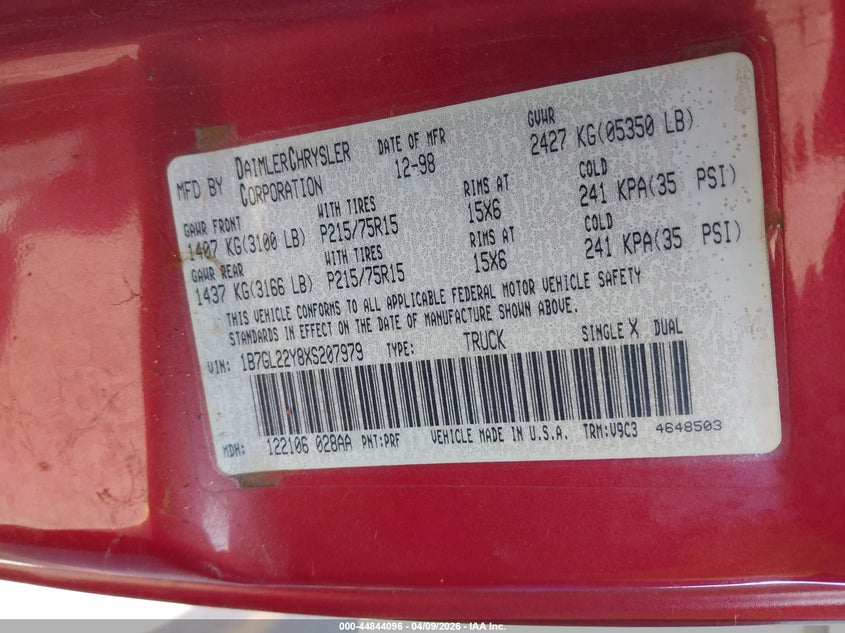 1999 Dodge Dakota Slt/Sport VIN: 1B7GL22Y8XS207979 Lot: 44844096