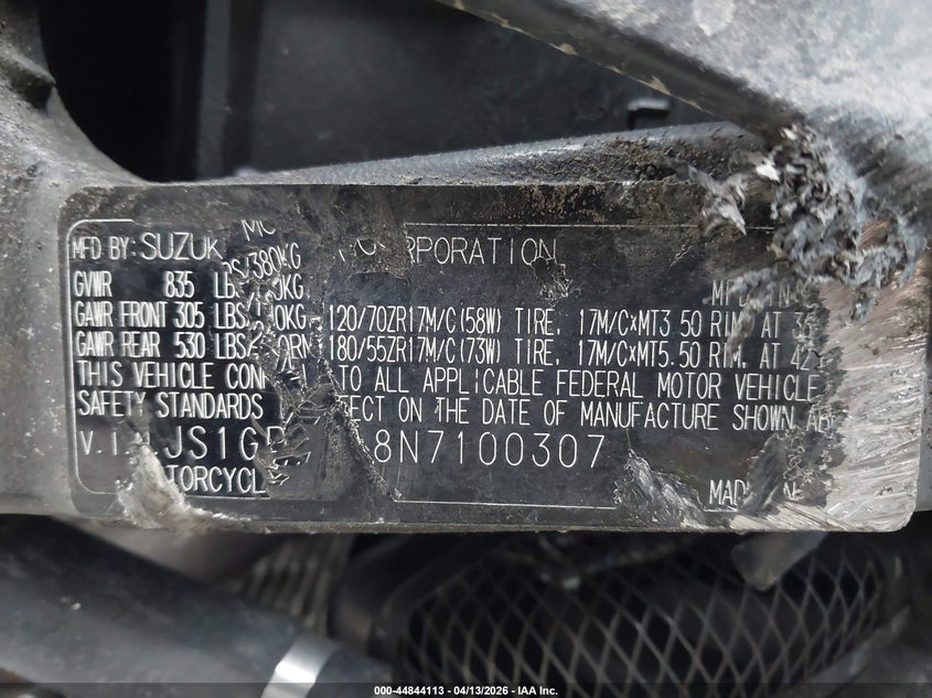 2022 Suzuki Gsxr VIN: LOT-1-44844113 Lot: 44844113