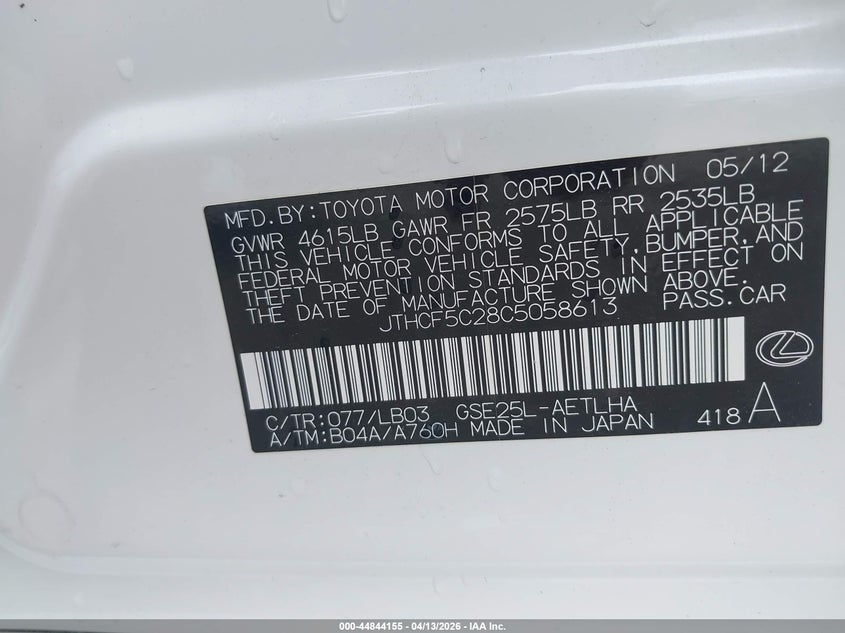 2012 Lexus Is 250 VIN: JTHCF5C28C5058613 Lot: 44844155
