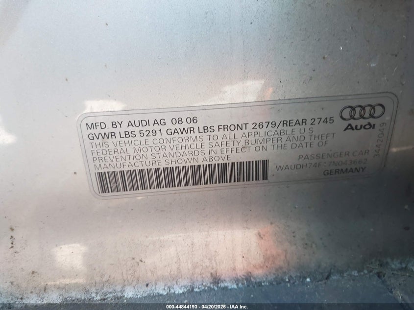 2007 Audi A6 3.2 VIN: WAUDH74F17N043662 Lot: 44844193