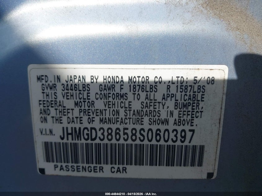 2008 Honda Fit Sport VIN: JHMGD38658S060397 Lot: 44844210