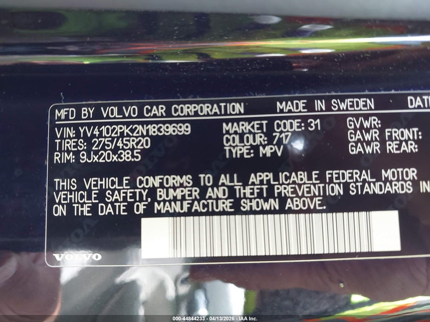 2022 Volvo Xc90 T5 Momentum 7 Passenger VIN: YV4102PK2N1839699 Lot: 44844233