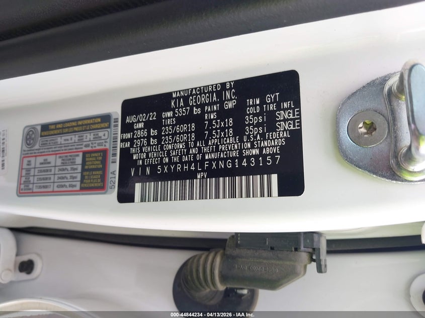 2022 Kia Sorento Ex VIN: 5XYRH4LFXNG143157 Lot: 44844234