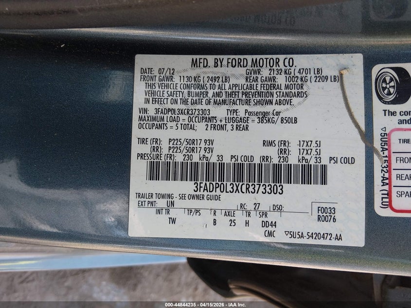 2012 Ford Fusion Hybrid VIN: 3FADP0L3XCR373303 Lot: 44844235