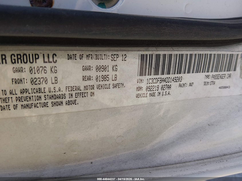 2013 Dodge Dart Sxt VIN: 1C3CDFBA4DD149203 Lot: 44844237